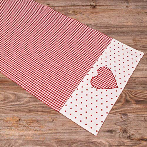 Tischläufer LISE rot kariert, Bordüre Punkte & Herz - Großes Tischtuch Landhausstil 40 x 100 cm Tischdeko quadratisch - Waschbares Tischband aus 100 % Baumwolle, moderne Esstischdeko, Hochzeitsdeko