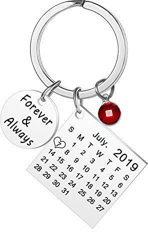 Personnalisé personnalisé Graver Calendrier Date & Message Porte-clés avec Pierre de Naissance en Acier Inoxydable Porte-clés et Porte-clés Anniversaire Memorial Cadeau (Argent)