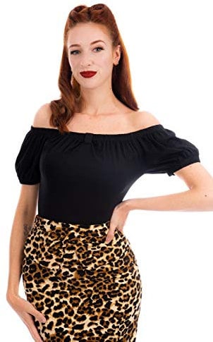 Ro Rox Bella Women’s Off Shoulder Vintage 1950s Blouse - Short Sleeve Pull-On Shirt - Machine Washable Rockabilly Ladies Top - Comfortable & Durable Retro Blouse, Black - 2XL
