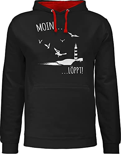 Pullover Herren Frauen Hoodie Kontrast zweifarbig - Sprüche Statement - Moin löppt I Meerliebe I Maritim I Leuchtturm Motiv Meer - 3XL - Schwarz/Rot - norddeutsch kleidung mit aufschrift küste
