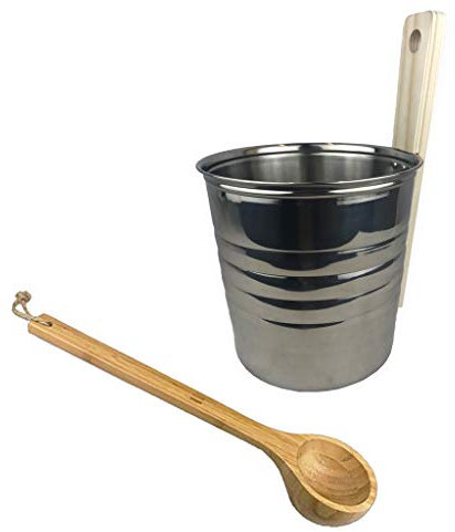 SudoreWell® Saunakübel Saunaeimer aus Edelstahl mit Holzgriff + Saunakelle aus Bambus 43cm