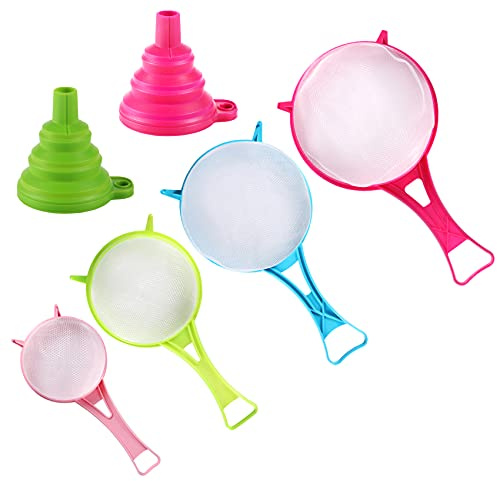 BENBO 4Pcs Plastic Mesh Strainer Colander Set, Food Soy Milk Flour Sieve Long Handle Icing Sugar Sifters Fine Strainer Tea Filter and 2 Pcs Silicone Foldable Funnel for Kitchen