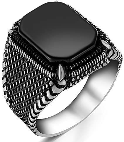 Herren-Ring aus massivem 925er-Sterlingsilber, schwarzer Onyx-Stein, mit Krallen (11), Metall, Onyx