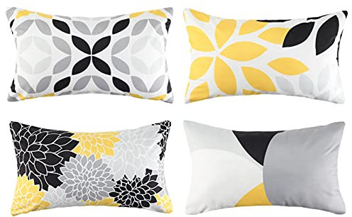Hanrunsi Bezug Kissen Deko für Sofa Senfgelb 12x20 Bauernhaus grau und schwarz Kissenbezug Weich quadratisch Samt Kissenbezug 4er Set