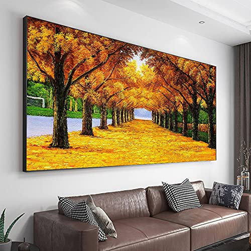 Tableau mural nordique pour salon Paysage d'automne Jaune Feuilles tombées Impression sur toile Arbre rue 40 x 80 cm avec cadre