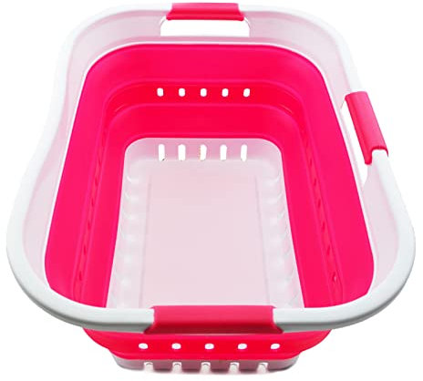 SAMMART Wäschekorb aus Kunststoff, zusammenklappbar, 30 l, mit 3 Griffen, faltbar, Aufbewahrungsbehälter, Organizer, tragbare Waschwanne, platzsparender Korb (White/Rose Pink)
