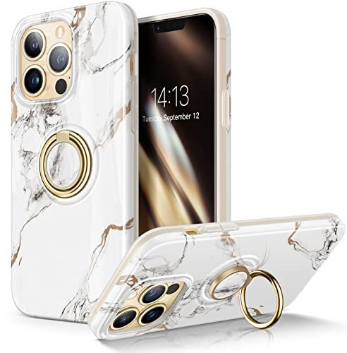 GVIEWIN Compatible with iPhone 13 Pro Case 6.1 Inch 2021, Built-in 360° Rotatable Ring Holder Kickstand, Stylish Marble Slim TPU Shockproof Protective Case Cover [With Ring Stand], White/Gold