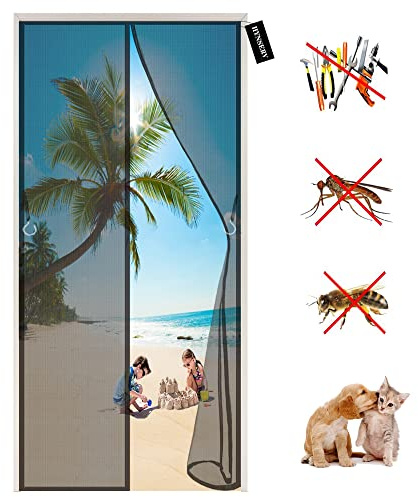 Magnetic Fly Screen Door-Magnetic Fly Curtain-with Magnets for Balcony Living Room Cellar Door and Patio Door-Easy Adhesive Installation, No Drilling 215 x 205 cm - Black A