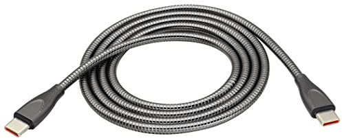 HCFeng Reversible Dual Type-C male Cable USB C to C Metal Braided Cable | with Insulation Coated Steel Round Metallic Housing Chew Proof Fast Charge Data Sync Ca-ble [gun color/3.3Feet]