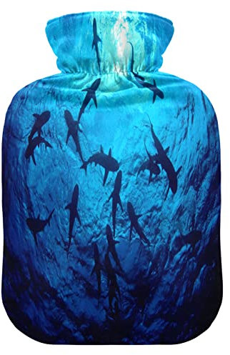Sea Ocean Animal Sharks Hot Water Bottle with Cover, 1 L Transparent Hot Water Bag Hot Cold Compress, Great for Cramps Back Shoulder Pain Relief, Kids Men Women Hand Foot Warmer