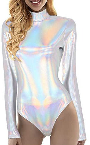 Damen Glänzende Ballettanzug Ballettbody Sport Tanz Body Gymnastikanzug Trikot Langarm Bodysuit Metallic Wetlook Einteiler Turnanzug Leotards Overall Lack Leder Oberteile Tops Kostüm (Silber, XL)