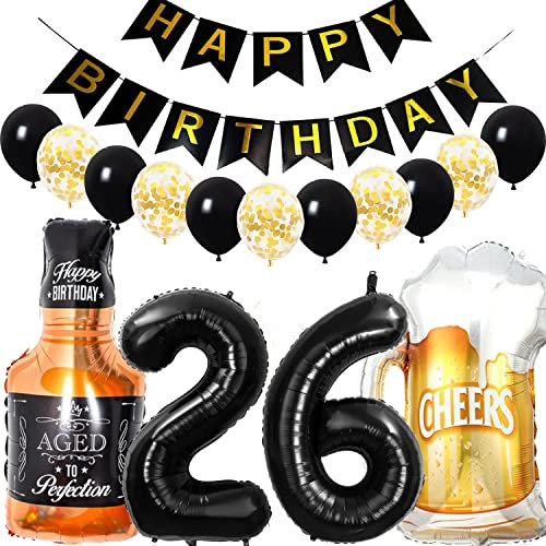 Conruich Geburtstagsdeko 26 Jahre Mann Frau, Luftballon 26. Geburtstag Deko Mann, Folienballon Zahl 26 Schwarz, Helium Ballon Whiskey Bierglas für 26. Geburtstag Manner Party Dekoration