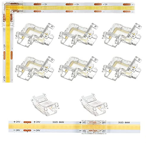 8 Stück COB Warm Weiß LED Streifen Verbinder Ecke,10mm 2Pin LED Stripe Eckverbinder,6 Stück L- Form,2 Transparente Mittelverbinder LED Strip Schnellverbinder Verbinder für LED Streifen 5V 12V 24V