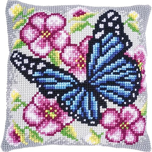 Vervaco Kreuzstich Stickpackungen Kissen Stickerei Set Anfänger Vorgedruckt Schmetterling DIY Set Kreativ Set Für Erwachsene Dekoratives Kissen ca. 40 x 40 cm Bastelset Handwerker Haus Dekoration