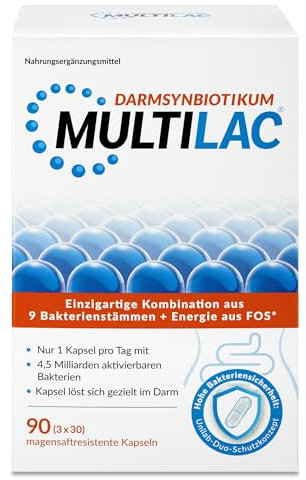 MULTILAC Darmsynbiotikum – 9 Bakterienstämme mit FOS für die Darmflora mit 4,5 Mrd. KBE pro Kapsel, magensaftresistente Kapseln, vegan, gluten- & laktosefrei, ohne Titandioxid, 90 Kapseln