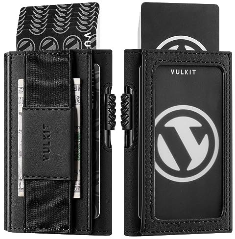 VULKIT Porte Cartes Bancaires Automatique de Pop Up avec Blocage RFID, Petit Portefeuille en Cuir avec Fenêtre d'Identification et Bande de Monnaie ou Porte-clés, Noir