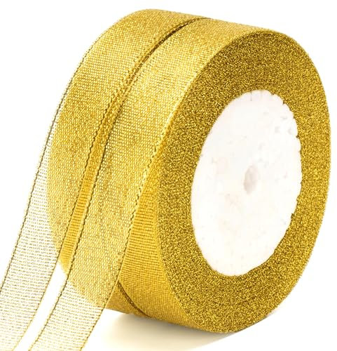 G2PLUS Gold Geschenkband Weihnachten, 20mm Organza Schleifenband Weihnachten, 4M Glitzer Geschenkbänder zum Weihnachten Geschenk Verpackung