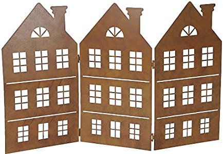 dekorative Silhouette Häuserzeile 3 Häuser als Paravent Metall braun rostoptik oder hellgrau-weiß je beidseitig farbig in je 2 möglichen Größen (groß, Rostbraun)