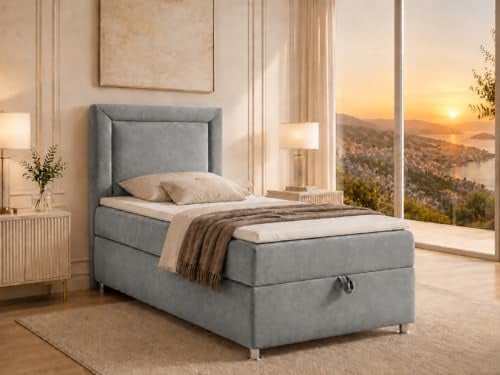 Best For Home Trinity K3 EinzelBett | Boxspringbett90x200 mit Bonell Federkernmatratze 90x200 | Bett mit Matratze | Bett mit Stauraum | Lieferung an die Bordsteinkante