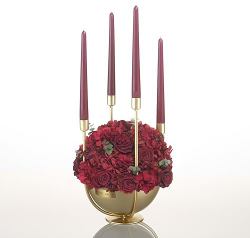 EMMIE GRAY CANDLE INFINITY BOWL | BURGUNDY | L - Infinity Blumen in hochwertiger Eisenschale in goldener Veredelung umgeben von vier Kerzenhaltern samt Stabkerzen - Moderner Adventskranz (Burgundy)