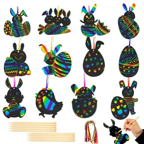 OCCOUMR 36 Stück Ostern Kratzbild, Ostereier Basteln Kratzbilder für Kinder, Osterbastelset Kratzeier, mit 36 Stück Holzstäbchen und 10 Stück Bunte Bänder für Ostern Party Dekoration Geschenk