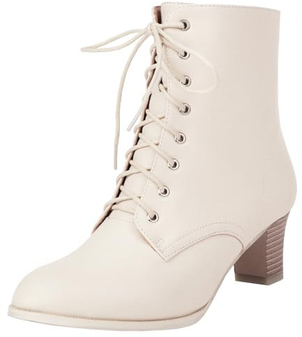COOLCEPT Donna Vintage Victorian Stivali Stringata Tacco a Blocco Stivali alla Caviglia 70s Steampunk Stivaletti Zip Beige Taglia 38