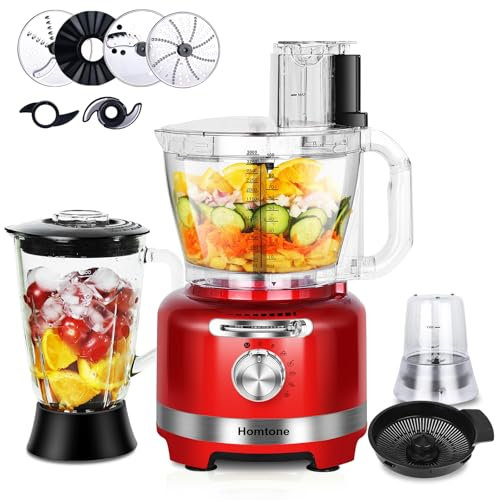 Homtone 1000W Robot de Cuisine Polyvalent, 10 en 1 Robot Culinaire, Blender, Broyeur, Coupeur, Râpeur, Batteur, Presse-agrumes, Hachoir à Viande, Capacité de 3L, 6 Fonctions Prédéfinies, Rouge