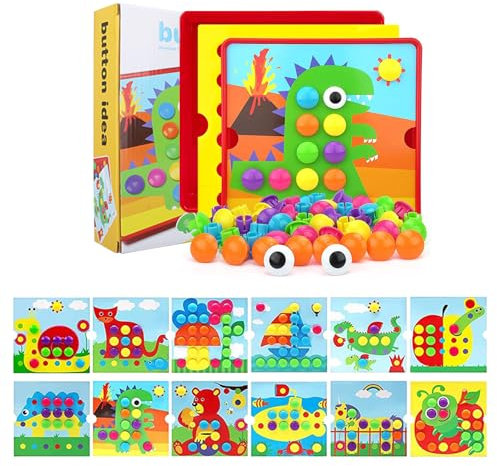 SCBOY Steckspiel ab 2 Mosaik Steckspiel Spielzeug ab 2 Jahre Mit 12 farbigen stecktafeln und 46 perlen Baby color steckspiel（Dinosaurier）