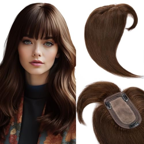 Elailite Hair Topper Echthaar, Toupet Damen mit langem Pony, Clip in Haarteil, Haartopper Basis 7x13cm, 35cm #4 Mittelbraun