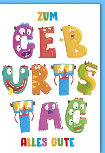 Verlag Dominique Geburtstagskarte für Kinder niedlich Bunte Schrift mit Gesichter - mit Umschlag