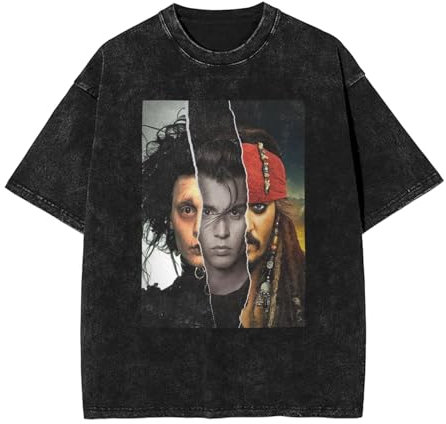 Johnny Schauspieler Depp T-Shirt Washed Vintage Shirt Print Rundhals Tops Tee Kurzarm T-Shirt für Männer Frauen 5 Größen, Schwarz , L