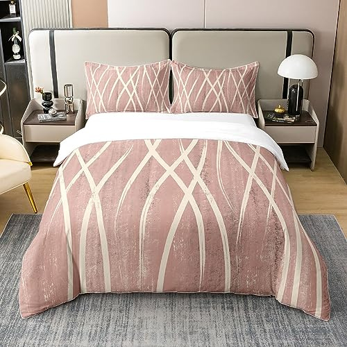 Homemissing Enfants Rayures Housse de Couette 140x200cm 100% Coton Géométrique Rayures Literie Set décoration Vent Rose Parure de lit Vintage Ensemble de lit Chambre à Coucher 2 pièces