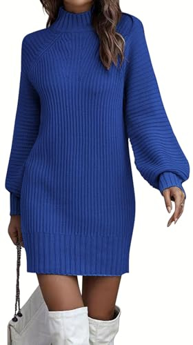 ELFIN Strickkleid Damen Rollkragen Langer Pullover Puff Ärmel Winter Pulloverkleid Freizeitkleid Langarm Strick Kleider Minikleid