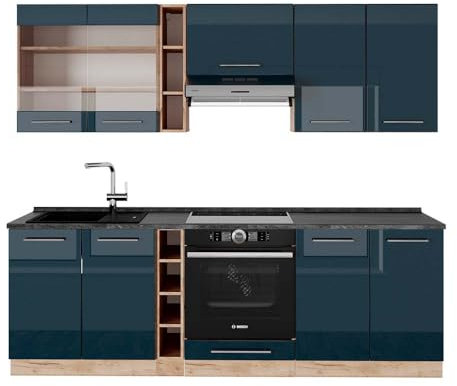 Vicco Küchenzeile Fame-Line, Dunkelblau Hochglanz/Goldkraft Eiche, 235 cm, AP Anthrazit