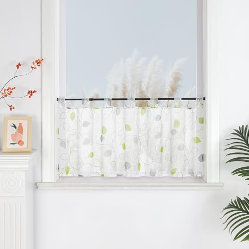 Yujiao Mao transparente Scheibengardinen mit Schlaufen Modern Geblümt gardinen Küchegardine Bistrogardine 1 Stück,grün HxB 45x120cm