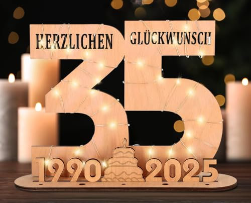 Giftota - 2025 Originelle 35 Geburtstag Geschenk Frauen & Männer - Geldgeschenke Geburtstag 35 mit LED Lichterkette Ständer - Holz-Schild Gästebuch - 35 Geburtstag Deko - Personalisierbares Geschenk