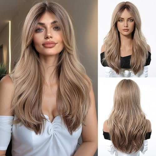 Esmee Lange Gerade Ombre Blonde Perücke für Frauen mit Vorhang Pony Natürliche Synthetisches Haar Perücken für den täglichen Gebrauch Party