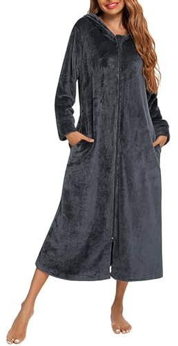 Flodxo Robe de chambre à fermeture éclair pour femme - Légère et moelleuse - En polaire - Super douce - À capuche - Longue longueur - Chaud et confortable, gris, XL