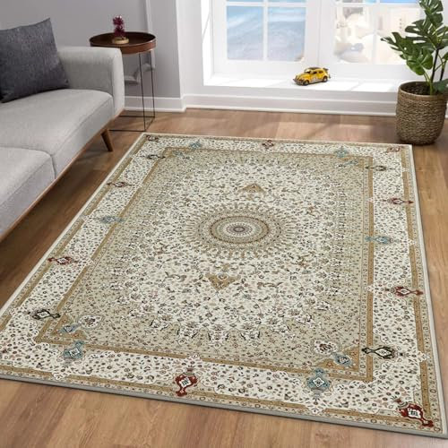 MOONLIGHT20015 Washable Bedside Small Rug 40x60cm - Soft Short Pile Beige Area Rugs For Bedroom Entrway Non Slip Floor Carpet Traditional Vintage Cashmere Door Mat For Kitchen Bathroom, Willow Beige