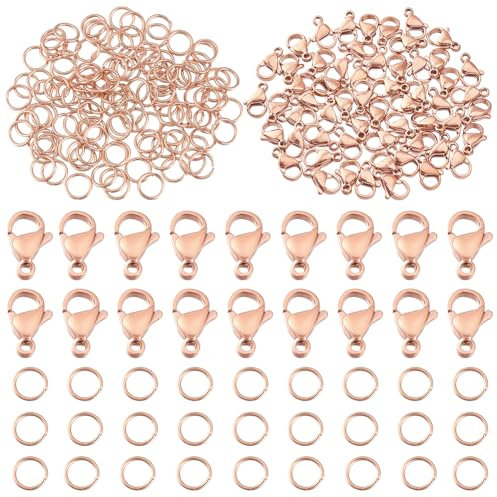PH PandaHall 180pcs 304 Stainless Steel Lobster Clasps with Open Jump Rings Set Lobster Claw Clasps Jewellery Connectors Links for Keychain Pendants Bracelets Jewellery Making Rose Gold 11x7mm