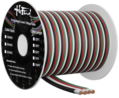 HiFind 22 Gauge 4 Conductor Electrical Wire 75 Ft, 22 AWG 4 Color Stranded Tinned Copper Low Voltage LED Lamp Lighting Strips Automotive Wire, Flexible 12V/24V 4 Pin RGB Extension Cable Line Cord