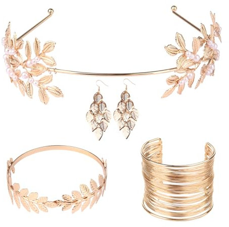 4 Stück Griechische Göttin Kostüm Schmuck Set , Lorbeerkranz Haarreif Kopfschmuck Gold,Lorbeerkranz Armband Stirnband Dangle Ohrring,Goldener Haarschmuck Damen für Hochzeit Party Tanzparty Mode Show