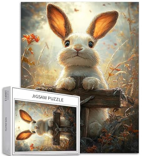 Sumllee 1000 Stück Osterhase sitzendes Holzkreuz-Puzzle für Erwachsene, 19,7 x 27,5 Zoll, Oster-Art-Deco-Stil, ab 14 Jahren