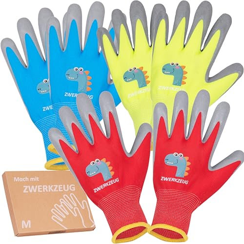 ZWERKZEUG 3 Paar Kinder Arbeitshandschuhe mit natürlicher Latexschicht und dehnbarem Gewebe, Kinder Schutzhandschuhe mit Handflächenbeschichtung, Gummibeschichtete Arbeitshandschuhe, mehrfarbig