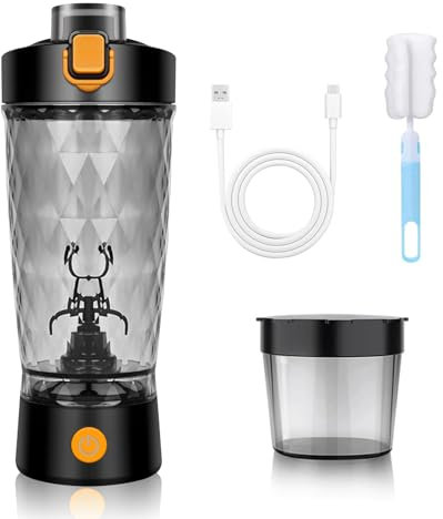 MeYuxg Shaker elettrico per proteine da 650 ml, senza fili, con funzione di miscelazione, bicchiere automatico con contenitore per polvere e spazzola per la pulizia, per sport, fitness e viaggi, nero