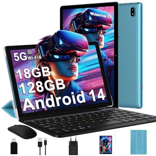 DMOAO Tablet 10 Inch Android 14 with 5G WiFi 6, 18 GB RAM + 128 GB ROM(TF 1TB), Widevine L1, Octa-Core, BT5.0, Face ID, HD 1280 * 800 IPS, 6000 mAh, 2 in 1 Tablet with Keyboard + Mouse, Blue
