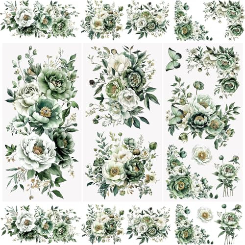 WANDIC 3 x Transfer-Aufkleber, grünes Blumenmuster, wasserdicht, Möbel, Handwerk, Verzierungen für DIY, Scrapbooking, Fotoalben, 15 x 30 cm