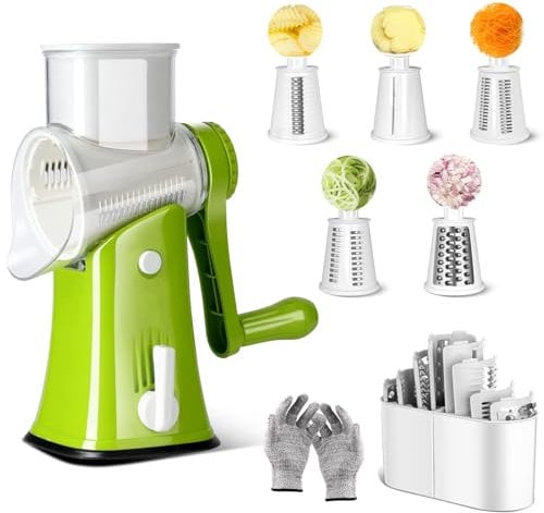 MASTERTOP Mandoline Vegetable Slicer, Handheld Kitchen Rotary Cheese Grater, 5 in 1 Stainless Steel Drum Shredder for Nuts, Fruits - Send Cut Proof Gloves