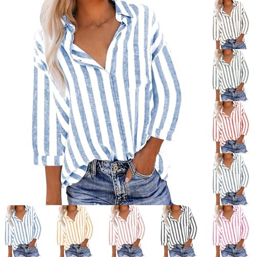 Womens Striped Cotton Linen Shirts UK Clearance 3/4 Sleeve Button Down Shirt Summer Casual Stripe Print Blouses 2025 Fashion Loose Fit Tees Regular-Fit Cotton-Linen Tops Ladies Elegant Tunic Top