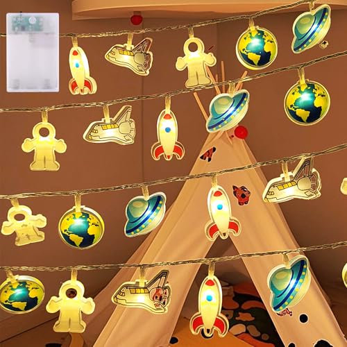 Hopelit 1.5m 10LED Astronaut Lichterkette Kinderzimmer, Lichterkette Batterie Wasserdicht mit Timer Nachtlicht für Kinderzimmer Junge Mädchen Baby Bett Hausbett Geburtstag Geschenk Party Deko